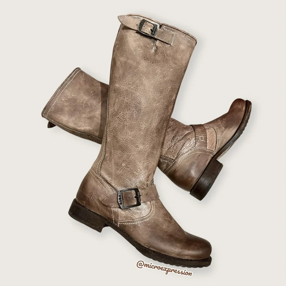 $399 Frye Veronica Slouch Tan Brown Tan Leather Engineer Moto Tall Buckle Boot